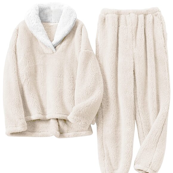 Sherpa Fleece Pajama Set Cozy Oversized Lounge Wear Winter Sleepwear Lapel